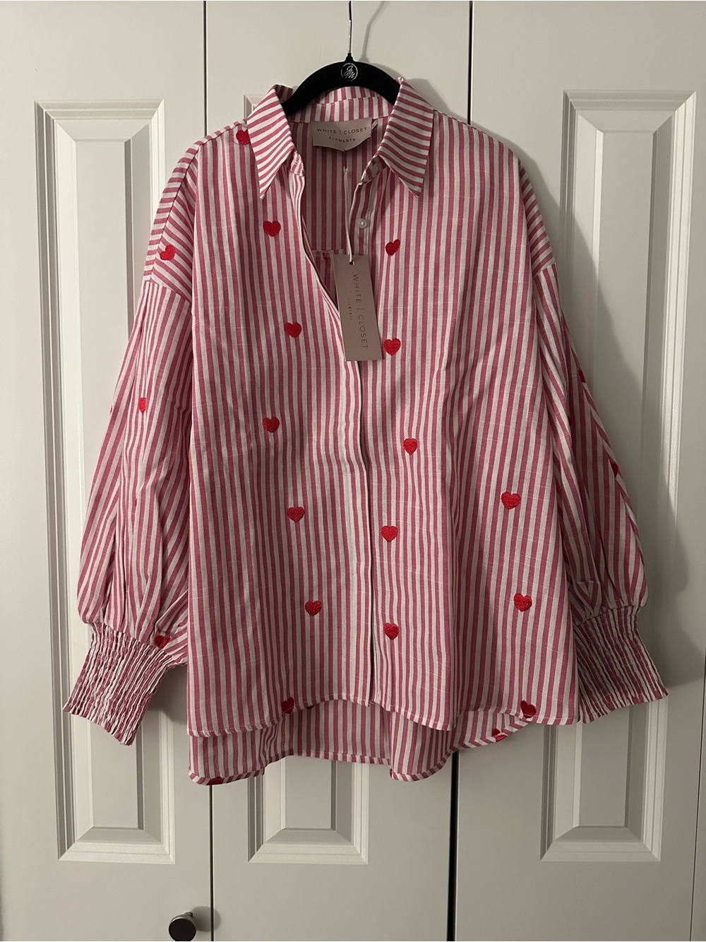 White | Closet Elements Pink Striped Button-Down Shirt with Red Heart Embroidery